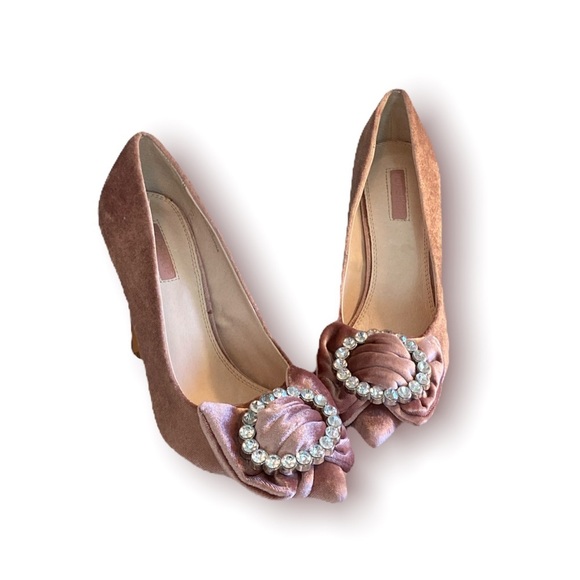 TOPSHOP Pink Velvet Jeweled Wedding Stiletto Heels w Bows & Rhinestones - Picture 7 of 16